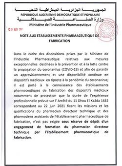 Note aux etablissements pharmaceutiques de fabrication