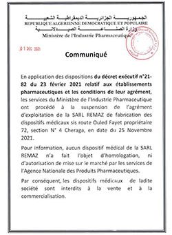 Suspention de l&rsquo;agrément de l&rsquo;exploitation de la SARL REMAZ
