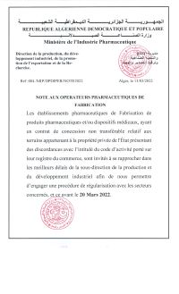 Note aux etablissements pharmaceutiques de fabrication