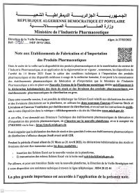 Note aux Etablissements de Fabrication et d’Importation  des Produits Pharmaceutiques
