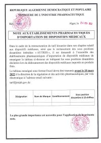 Note aux établissemens pharmaceutiques de d&rsquo;importation de dispositifs médicaux- restructuration du tarif douanier