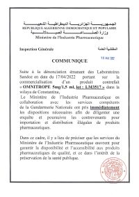 Commercialisation d&rsquo;un produit contrefait « OMNITROPE 5mg/1,5 ml  » dans la wilaya de Constantine