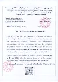 note aux opérateurs pharmaceutiques- Etat des opérations d&rsquo;exportation
