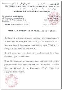 Note aux opérateurs pharmaceutiques-Ouverture de la ligne maritime de transport des marchandises entre l&rsquo;Algérie et le Sénégal