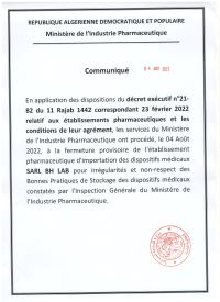 Fermeture provisoire de l&rsquo;etablissement pharmaceutique d&rsquo;importation des dispositifs médicaux « SARL BH LAB »