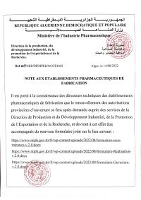 note aux etablissements pharmaceutiques de fabrication