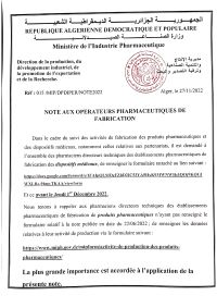 Note aux opérateurs pharmaceutiques de fabrication