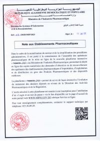 Note aux etablissements pharmaceutiques- plateforme TABADOL-تبادل