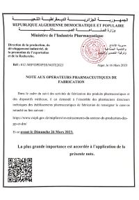 Note aux opérateurs pharmaceutiques de fabrication