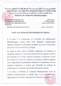 NOTE AUX OPÉRATEURS PHARMACEUTIQUES- rencontre B to B entre entreprises argentine et algériennes