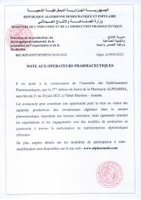 NOTE AUX OPÉRATEURS PHARMACEUTIQUES- 2ème édition du Salon de la pharmacie « ALPHARMA »