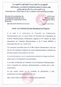 Note aux opérateurs pharmaceutiques -9 ème edition du Salon International de l&rsquo;Industrie Pharmaceutique et de la Santé -IPHEX