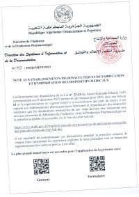 NOTE AUX ETABLISSEMENTS PHARMACEUTIQUES DE FABRICATION ET D’IMPORTATION DES DISPOSITIFS MEDICAUX