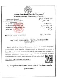 NOTE AUX OPERATEURS PHARMACEUTIQUES DE FABRICATION