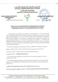 note aux établissements pharmaceutiques d&rsquo;importation et de distribution en gros