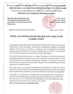 Cartographie nationale du Produit Algérien-Note aux opérateurs pharmaceutiques de fabrication