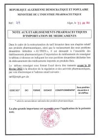 Note aux établissements pharmaceutiques d’importation de médicaments