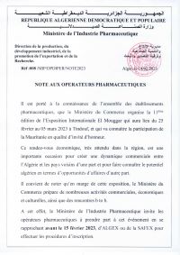 Note aux opérateurs pharmaceutiques- 11ème édition de l&rsquo;exposition internationale « EL MOUGGAR »