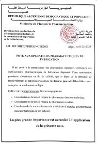 note aux établissements pharmaceutiques de fabrication- Renouvellement de l&rsquo;autorisation provisoire d&rsquo;ouverture