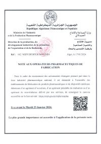 NOTE AUX OPERATEURS PHARMACEUTIQUES DE FABRICATION