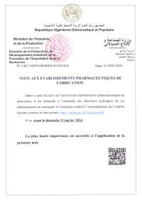 NOTE AUX OPERATEURS PHARMACEUTIQUES DE FABRICATION