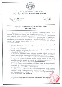 note aux établissements pharmaceutiques de fabrication
