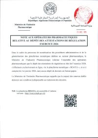 Note aux opérateurs pharmaceutiques-dépôt des attestations de régulation -exercice 2026