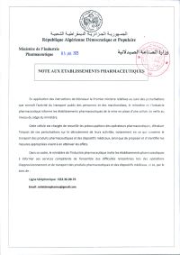 NOTE AUX ETABLISSEMENTS PHARMACEUTIQUES
