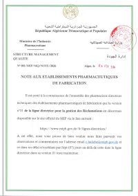 Note aux établissements pharmaceutiques