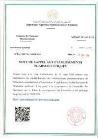 Note de rappel aux établissements pharmaceutique