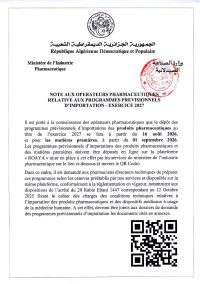 Note aux opérateurs pharmaceutiques – Programmes prévisionnels d&rsquo;importation -exercice 2027